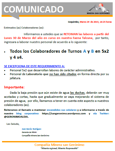 29.03.15.COMUNICADO_Retoman Labores en Faena Talcuna